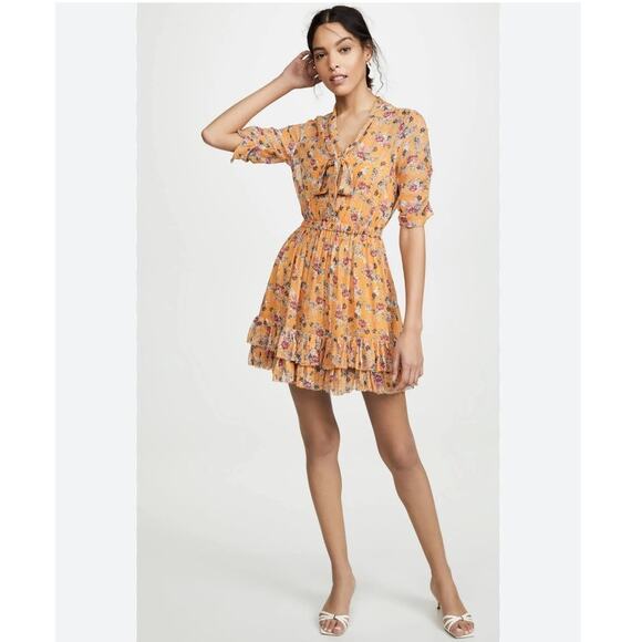 NICHOLAS | 100% Silk Ruffle Mini Floral Dress in Honey Multi Size 4 - Picture 1 of 7